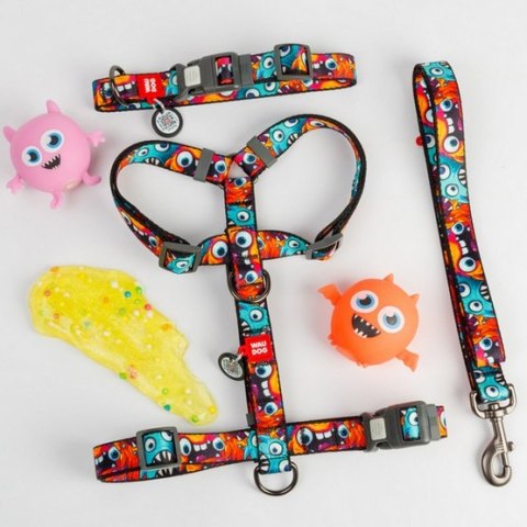 Collar WauDog Nylon Obroża nylonowa z QR-paszportem, plastikowy fastex, wzór ZĘBATE POTWORY, XXL 35mm/46-70cm